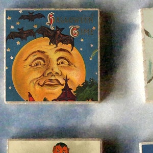 CONJUNTO de 6 presentes de ímãs de arte em madeira de bruxa de Halloween - lua cheia, abóbora, cartão postal vintage, vassoura, gato preto #11