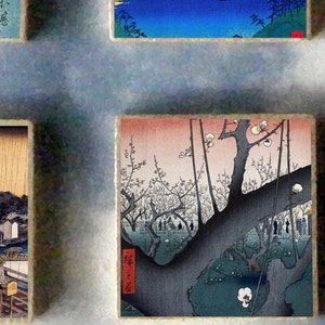 SET of 6 Utagawa Ando HIROSHIGE wood art Magnet Gift set -  bridge snow Japanese ukiyo-e artist Cherry orchard