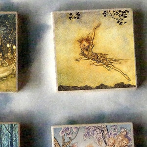 SET von 6 Arthur RACKHAM Holzkunst Magnet Geschenkset - Sommernachtstraum von William SHAKESPEARE