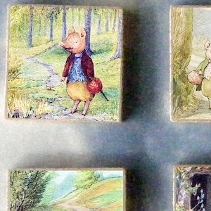 SET of 6 Beatrix POTTER wood art Magnet Gift SET Pigling Bland cat dog bunny rabbit pig