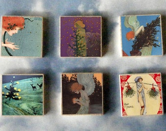 Christmas RAPHAEL KIRCHNER wood art Magnet Gift SET tree yule presents fairy santa xmas angel Christmas reindeer