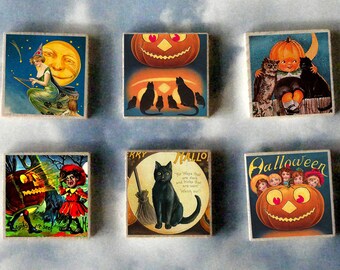 Halloween WITCH wood art Magnet Gift SET full moon witch pumpkin vintage postcard broom black cat #20