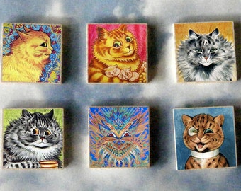 CAT LOVER wood art Magnet Gift SET Louis Wain silver persian ginger tabby kitten