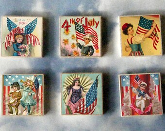 Fireworks 4th of JULY wood art Magnet Gift SET art uncle sam patriot independence declaration united states vintage postcard