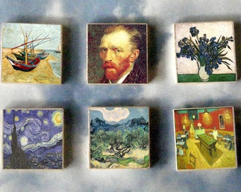 Vincent VAN GOGH wood art Magnet Gift SET night cafe iris self portrait Starry night