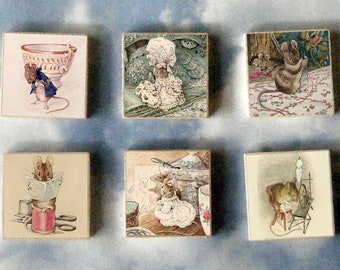 Beatrix POTTER wood art Magnet Gift SET mouse Tailor's Tale cat dog bunny rabbit