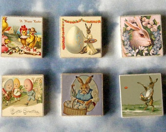 Vintage Postcard EASTER BONNET wood art Magnet Gift SET art bunny egg rabbit