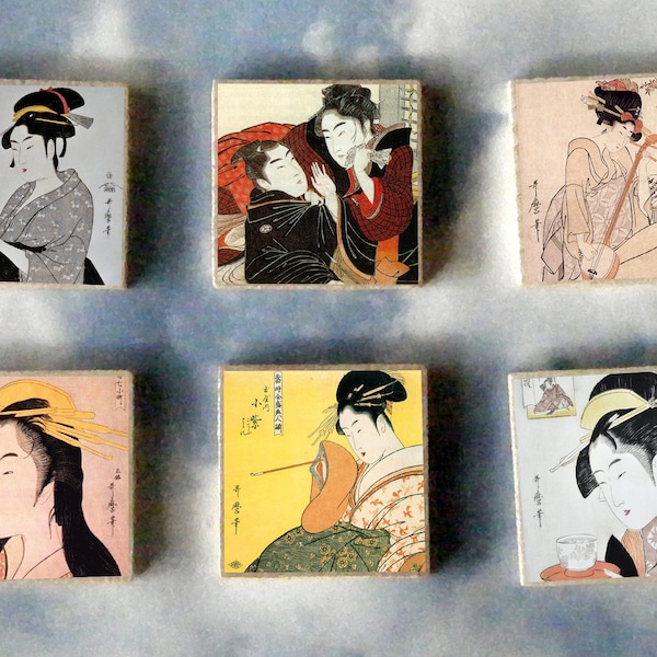 Ensemble cadeau d'aimants d'art en bois Kitagawa UTAMARO pour femmes, kimono ukiyo-e japonais edo