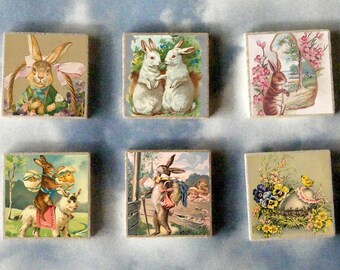 EASTER RABBIT wood art Magnet Gift SET art bunny egg rabbit vintage postcard