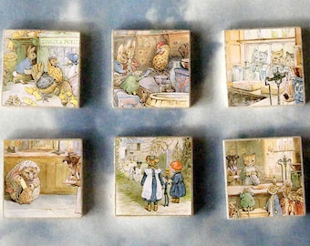 Beatrix POTTER wood art Magnet Gift SET ginger pickles cat dog bunny rabbit