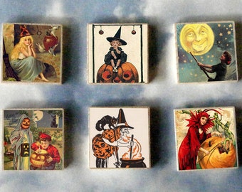 Halloween WITCH wood art Magnet Gift SET full moon witch pumpkin vintage postcard broom black cat #8