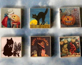 Halloween WITCH wood art Magnet Gift SET full moon witch pumpkin vintage postcard broom black cat #18