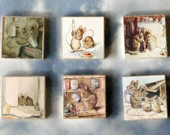 Beatrix POTTER wood art Magnet Gift SET Bad Mice cat dog bunny rabbit