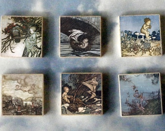 PETER PAN wood art Magnet Gift SET Arthur Rackham Fairy tale Kensington Gardens