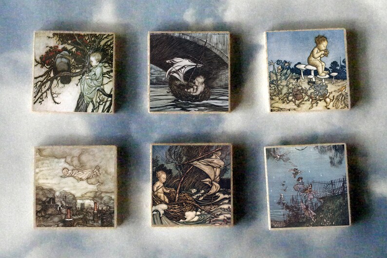 PETER PAN wood art Magnet Gift SET Arthur Rackham Fairy tale Kensington Gardens image 1