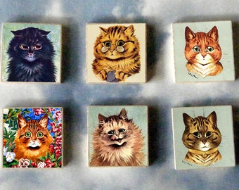 CAT LOVER wood art Magnet Gift SET Louis Wain silver persian ginger tabby knitting knitter