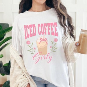 Ice Coffee Girly T Shirt Pink Coquette Shirt Trendy Iced Coffee Lover Tshirt Gift for Her Floral Girly Iced Coffee Collegiate Pink Shirt