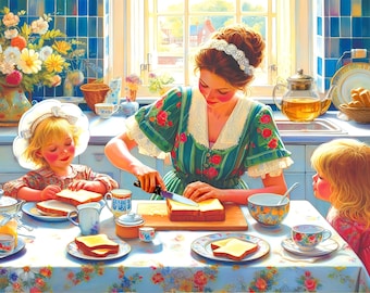 May include: A kitchen scene featuring a person in a green floral dress slicing bread on a wooden board. Two children sit at a table covered with a floral tablecloth, surrounded by plates of toast, tea cups, a glass teapot, and a vase of flowers.