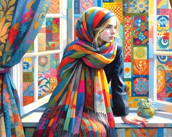 May include: A person wearing a vibrant, multi-colored striped scarf and matching head covering, draped over a dark long-sleeved garment. The scarf features a bold pattern of red, orange, yellow, blue, and green hues with fringed edges.