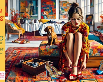 May include: A woman in a floral dress sits on a colorful ottoman, trying on a pair of red heeled sandals. A dog sits beside her, and a box of shoes is on the floor. The room is decorated with colorful rugs and artwork.