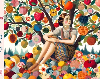 May include: A 1000-piece jigsaw puzzle titled "Fruit Salad Daydreams." The landscape puzzle features a woman sitting under a tree laden with colorful, stylized fruit. The puzzle measures 27.5 inches by 19.7 inches.