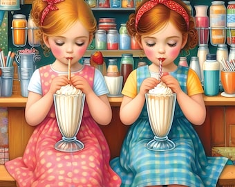 May include: Two children sit at a counter in a dairy bar, each drinking a milkshake from a glass with a straw. One wears a pink polka-dot dress with a red hair bow, and the other wears a blue plaid dress with a red polka-dot headband.