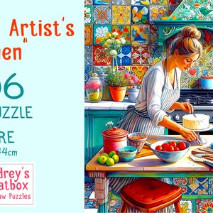 May include: A 506 piece square jigsaw puzzle titled "The Cake Artist's Kitchen". The puzzle shows a woman in a kitchen with colourful tiled walls, a stove, and a counter with a cake, fruit, and other baking supplies. The puzzle is 44 cm by 44 cm.