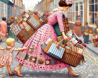 May include: A person wearing a pink polka-dot dress carries a large woven basket filled with various rectangular packages and a large pack on their back, while a small child in a matching dress reaches out to touch the skirt of the pink dress.