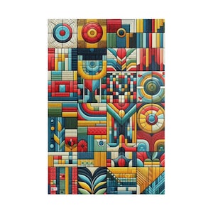May include: A colorful geometric pattern featuring a variety of shapes and designs. The artwork uses a palette of red, yellow, blue, and green. The design is composed of squares and rectangles, creating a mosaic-like appearance.