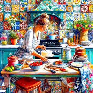 May include: A woman in an apron cuts a cake in a kitchen with colourful tiles. The kitchen features a stove, tomatoes, bowls, and a red stool. Various cooking items are visible on the table.