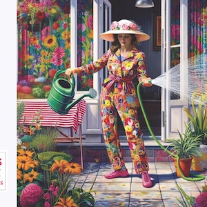 May include: A colourful 1000-piece jigsaw puzzle titled "My Patio Patch." The puzzle depicts a woman watering plants in a vibrant garden scene. The puzzle measures 66cm x 50cm and is from Audrey's Hatbox Jigsaw Puzzles.