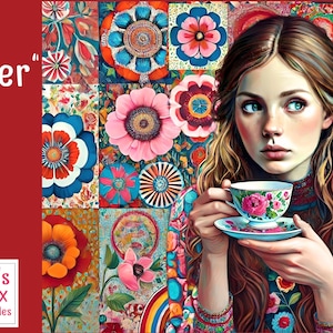 May include: A 1000-piece jigsaw puzzle titled "Wallflower" featuring a woman holding a teacup, with a floral design. The puzzle is landscape-oriented, measuring 66cm x 50cm. The artwork includes colorful floral patterns and a red background.