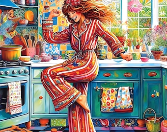 May include: A person with long wavy hair wearing a red and white striped pajama set with a floral pattern, dancing in a kitchen with teal cabinets, a checkered floor, and a window filled with colorful flowers and plants in a vibrant, artistic style.