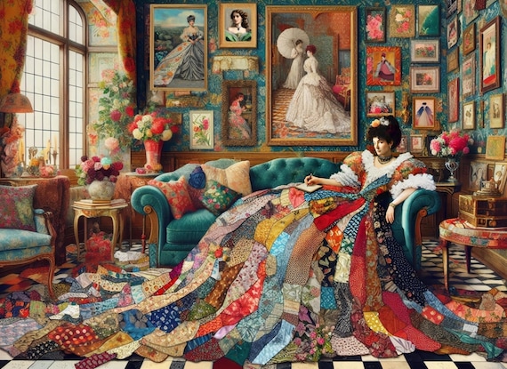 Lady's Parlour Jigsaw Puzzle US: Elegant Vintage Woman in Patchwork Gown (300-500-1000 Pcs)