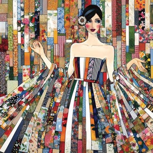 May include: A digital illustration of a figure wearing a strapless gown constructed from vertical strips of multicolored fabric featuring floral, striped, and geometric patterns. The figure has dark hair with a flower accessory and stands against a background.