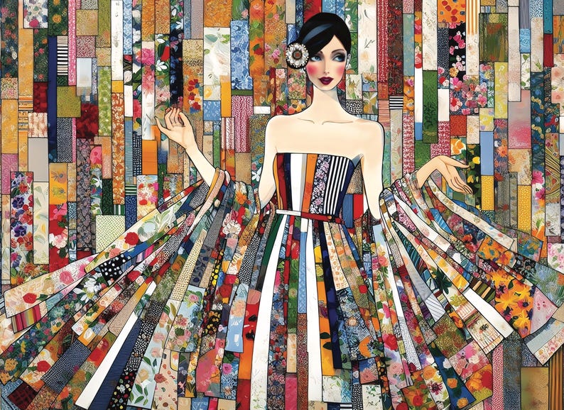 May include: A digital illustration of a figure wearing a strapless gown constructed from vertical strips of multicolored fabric featuring floral, striped, and geometric patterns. The figure has dark hair with a flower accessory and stands against a background.