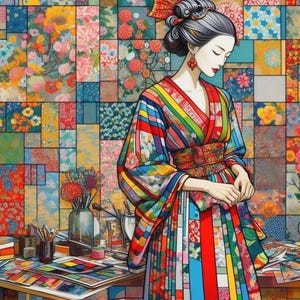 May include: A 1000-piece landscape jigsaw puzzle from "The Pattern Studio" featuring a woman in a patterned kimono. The puzzle measures 70cm x 50cm. The background is a mosaic of floral patterns.