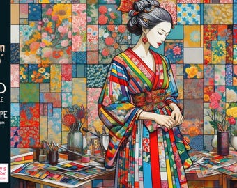 May include: A colorful 1000-piece landscape puzzle from "The Pattern Studio" featuring a woman in a patterned kimono. The puzzle measures 27.5 inches by 19.7 inches. The background is a mosaic of floral patterns.