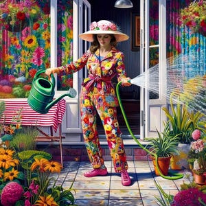 May include: A 1000-piece jigsaw puzzle titled "MY PATIO PATCH" featuring a colorful garden scene. The puzzle measures 70cm x 50cm. The image shows a person watering plants in a vibrant floral setting.