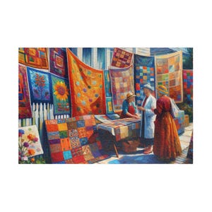 May include: An outdoor scene featuring a quilt market with colorful quilts hanging on display. The quilts showcase various patterns and designs, including floral and geometric motifs. Several people are browsing and interacting with the quilts, creating a lively atmosphere.