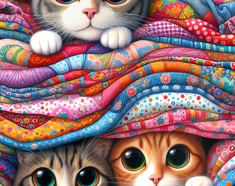 May include: Three cats with large eyes peeking out from a pile of colorful, patterned fabric. One gray tabby cat is at the top, while another gray tabby and an orange tabby cat are positioned below, all showing their white paws and whiskers.