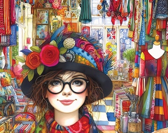 May include: A person wearing a wide-brimmed black hat adorned with red roses and feathers, paired with a multi-colored polka dot scarf and black-rimmed glasses. The background features a vibrant shop filled with hanging lanterns and colorful textiles.