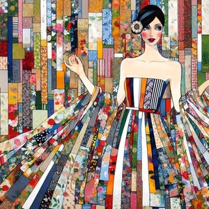 May include: A 1000-piece landscape jigsaw puzzle titled "Fabric Princess." The artwork depicts a woman in a dress made of fabric strips. The puzzle measures 70cm x 50cm.