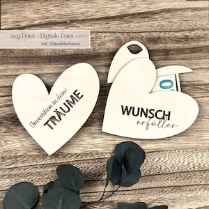 Fichier laser argent carte-cadeau coeur souhait réalisation et investissement dans vos rêves (fichier SVG) – Conception découpée au laser 3D incl.