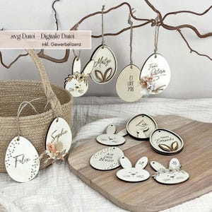 File laser SVG Set di Pasqua con 11 ciondoli pasquali, coniglietto pasquale e uovo di Pasqua con detti per cestini pasquali, decorazione pasquale File digitale con licenza commerciale