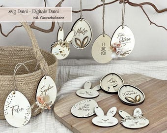 SVG laser file Easter set with 11 Easter pendants, Easter bunny & Easter egg with sayings for Easter baskets, Easter decoration Digital file including commercial license