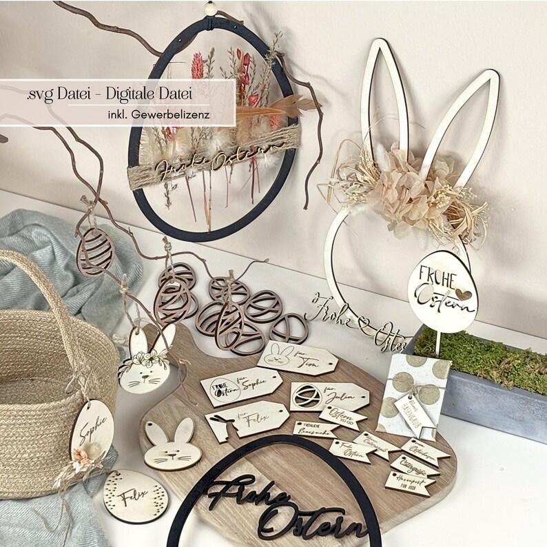 May include: A set of wooden Easter decorations, including a bunny rabbit, eggs, and a wreath. The decorations are painted in natural wood tones and feature the text "Frohe Ostern" (Happy Easter) in German.