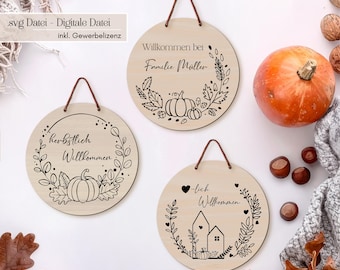 Laser file SVG door sign autumn - 3 round welcome signs 30cm customizable with name | autumnal welcome wooden sign autumn decoration