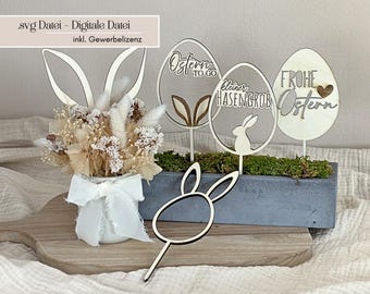 Laser file for Easter plugs & cake toppers Easter egg and bunny ears with "Happy Easter", "Easter to go" | SVG laser cut file including commercial license