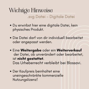 May include: A text-based image with a beige background and black text. The text reads "Wichtige Hinweise .svg Datei - Digitale Datei" and includes four bullet points with information about the purchase of a digital file. The bullet points state that the buyer is purchasing a digital file, not a physical product, that the file can be edited, that sharing or reselling the file is not allowed, and that the purchase includes a commercial license.
